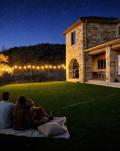 Four people sitting on lawn at night watching outdoor movie on stone house with starry sky above